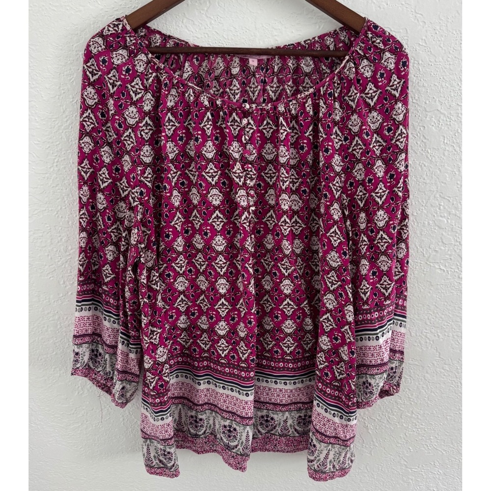 Rose & Thyme Pink White Paisley Print Boho Top Size 1X 3/4 Sleeve Floral Button